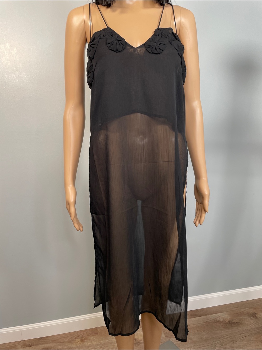 H&M Black Sheer Floral-Appliqué Slip Tunic